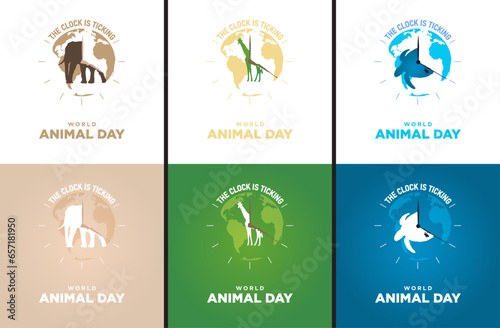 World Animal Day Greeting Cards in white and gradient backgrounds. The Clock is ticking for animals concept with tagline, stop the abuse and illegal killing of animals. Vector Illustration.