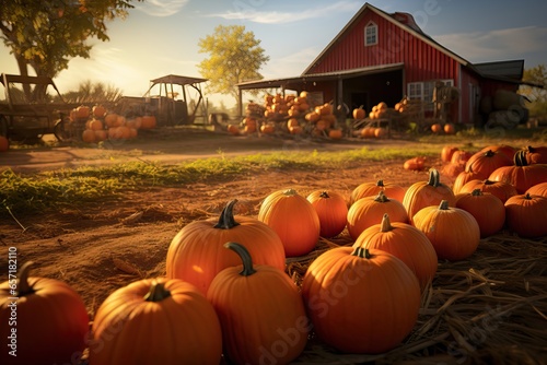 Farmhouse during Halloween Event. 31th October. Many Pumpkins arranged near the Farm durinig Sunset.