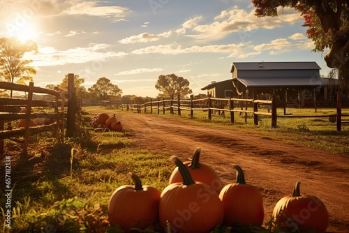 Farmhouse during Halloween Event. 31th October. Many Pumpkins arranged near the Farm durinig Sunset. photo