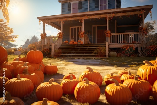 Farmhouse during Halloween Event. 31th October. Many Pumpkins arranged near the Farm durinig Sunset. photo