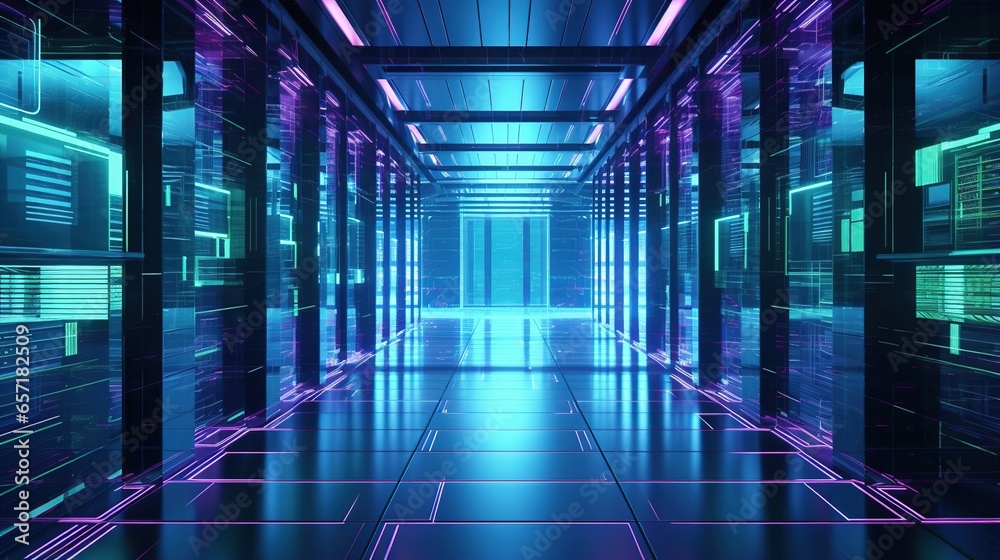 Generative AI, Data Center, modern high technology server room in neon colors. Modern telecommunications, cloud computing, artificial intelligence, database.	