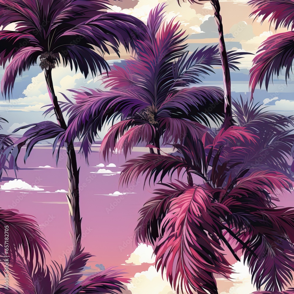 Pattern made of Palms color Purple and Pink. Seamless nd Tileable Texture. Exotic.