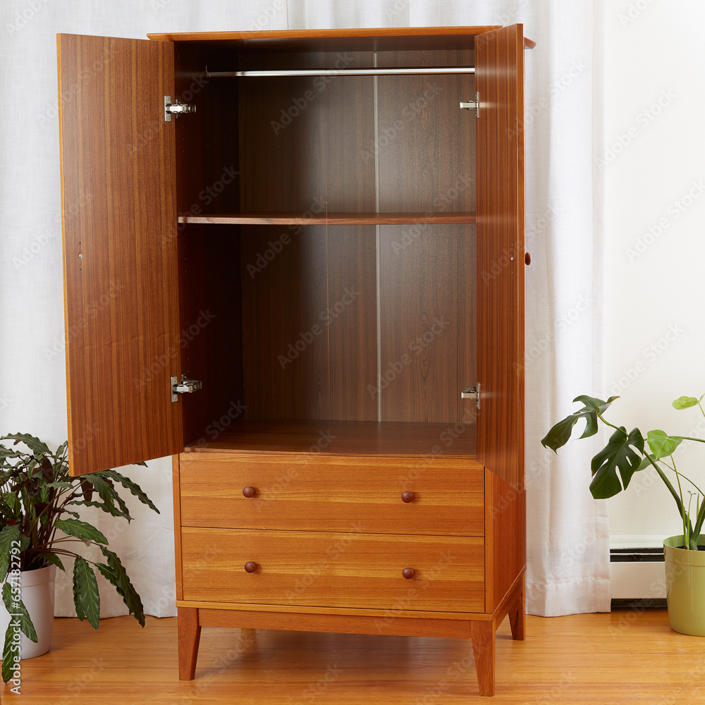 Vintage Teak Armoire. MidCentury Modern Furniture. Interior scene with