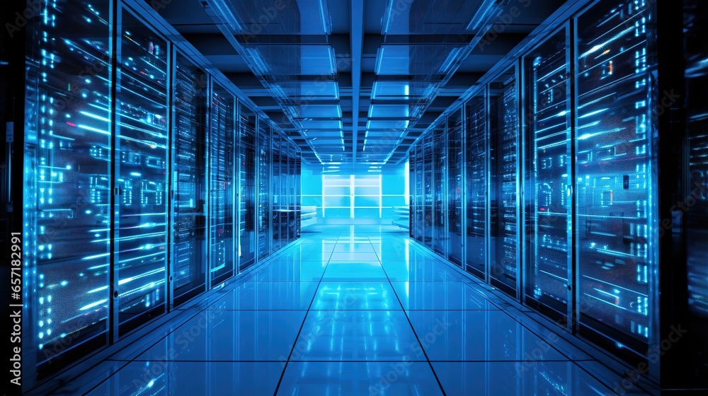 Generative AI, Data Center, modern high technology server room in neon colors. Modern telecommunications, cloud computing, artificial intelligence, database. Generative AI, Data Center, modern high technology server room in neon colors. Modern telecommunications, cloud computing, artificial intelligence, database.