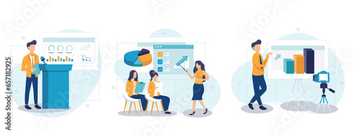 Coach speaking collection of scenes isolated. People learn at business training, career development, set in flat design. Vector illustration for blogging, website, mobile app, promotional materials.	
