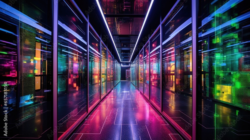 Generative AI, Data Center, modern high technology server room in neon colors. Modern telecommunications, cloud computing, artificial intelligence, database.	