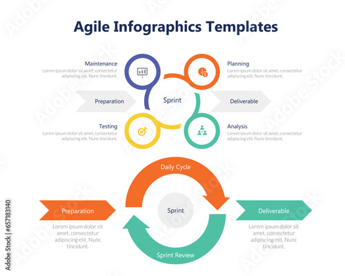 Agile Diagram Infographics Template Agile project management diagram used in the software development plan, project schedule, roadmap and business approach that aligns your customer needs and company