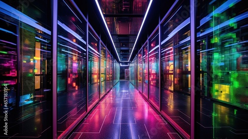 Generative AI, Data Center, modern high technology server room in neon colors. Modern telecommunications, cloud computing, artificial intelligence, database. 