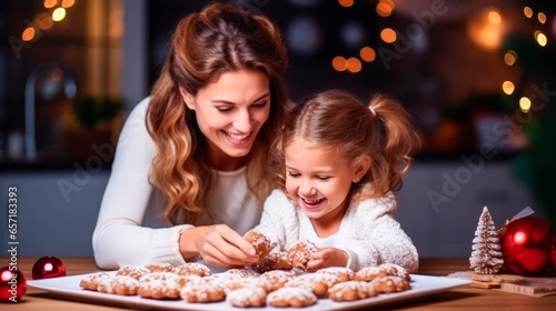 Mother and daughter making gingerbread cookies in the kitchen at Christmas time