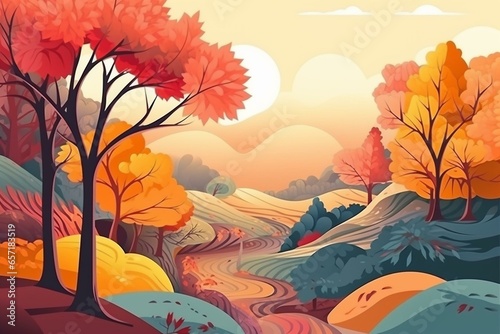 Colorful nature scene with various trees and landscape elements. Generative AI