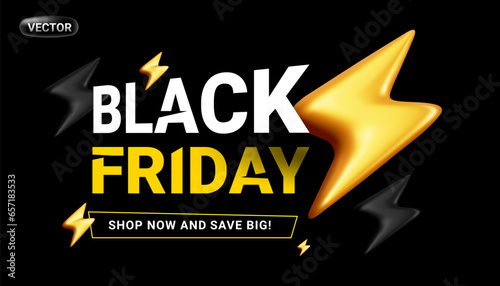 Vector black friday sale illustration with text and yellow lightning sign on dark color background. 3d style sale design with word black friday