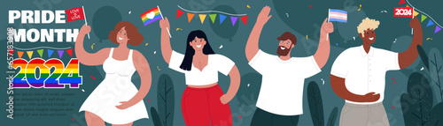 LGBT long banner with diverse people. Pride Month  2024. A place for text. Vector flat illustration.