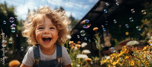 Cheerful child in nature with soap bubbles Generative AI