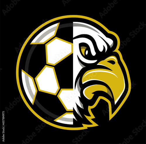 soccer ball with half eagle mascot face for school, college or league sports
