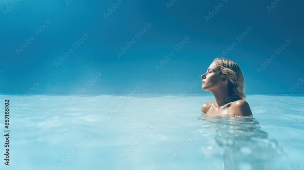 Woman At Luxury Resort On Romantic Summer Vacation. People Relaxing In Edge Swimming Pool Water, Enjoying Beautiful Sea View.