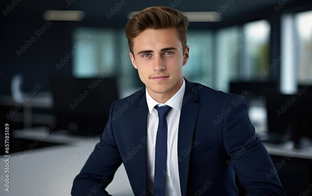 A young man with a gentle smile wearing a sleek suit leaning confidently against his desk at work, in the office set-up. Generative AI