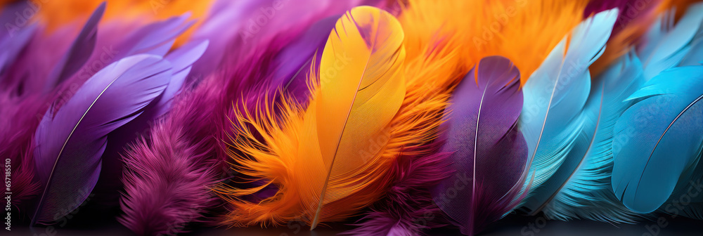 Beautiful multi-colored feathers of a fantastic bird, banner of colorful feathers Beautiful multi-colored feathers of a fantastic bird, banner of colorful feathers