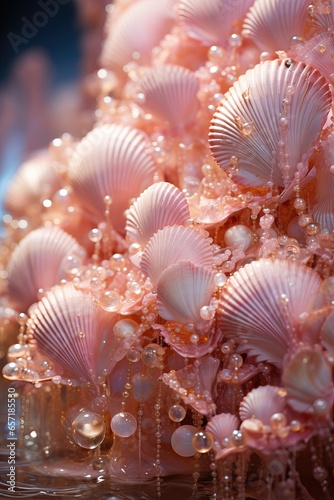 some Pink Seashell over a Baroque Background Shiny and Abstract Background. © Luca