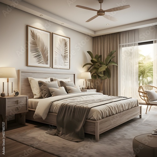 a bedroom with a large bed and a ceiling fan. Farmhouse interior Master Bedroom with Beige color theme.