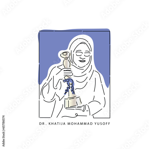 line art vector of Professor Khatija mohammad yusoff. She is a academician.Empowered Muslim women around the world. Women's day concept art. Women in islamic world.