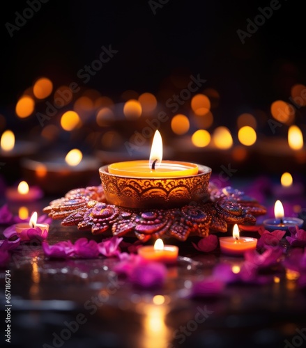 Diwali is an Indian holiday  the festival of fire. Lotus flowers and diyas oil lamps. With Generative AI technology
