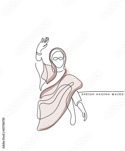  line art vector of Hasina wajid. Empowered muslim woman. Women's day art. Famous women making history.