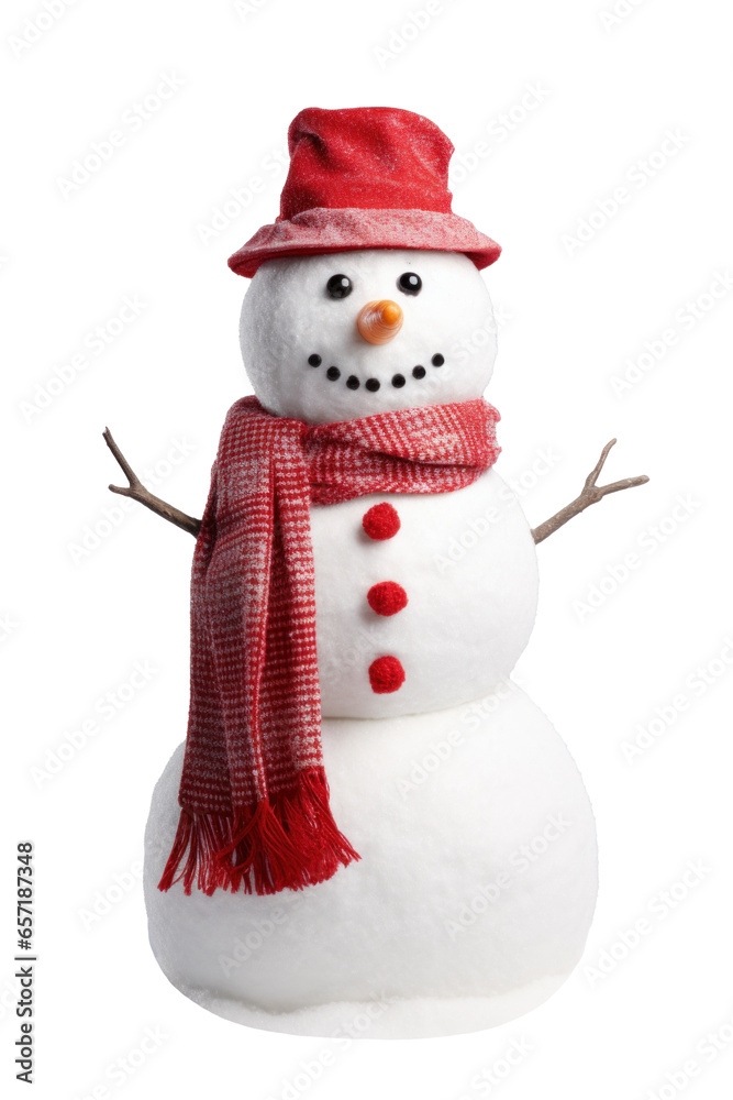Snowman wearing red hat and scarf and smiling isolated on transparent white