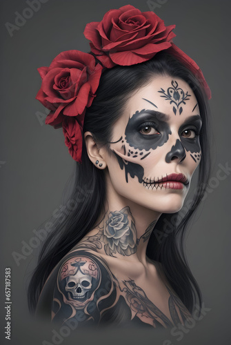 professional female model with skull makeup, Halloween concept
