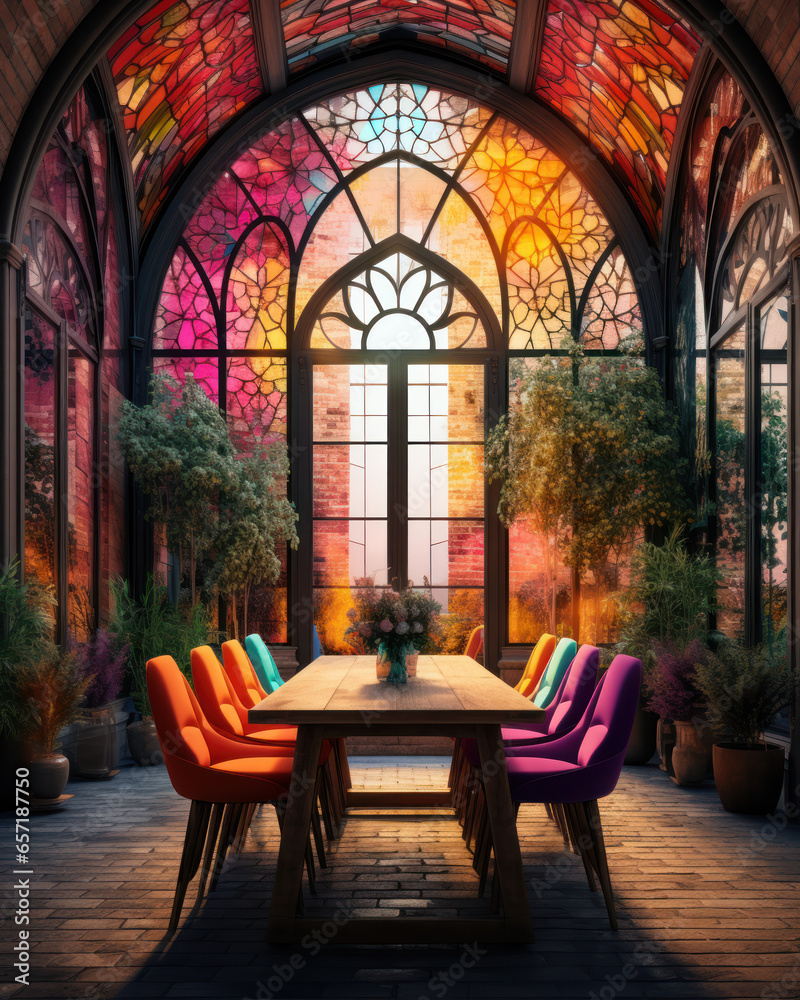 A very bright and colorful room with colored chairs and a table, an arched window and living plants, a fashionable stylish interior