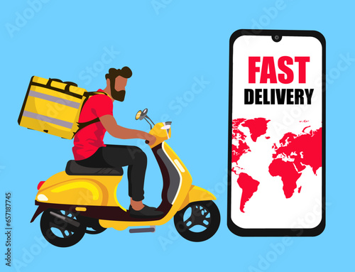 Food delivery man with scooter on mobile phone background. Fast food delivery service in cartoon design concept vector illustration.