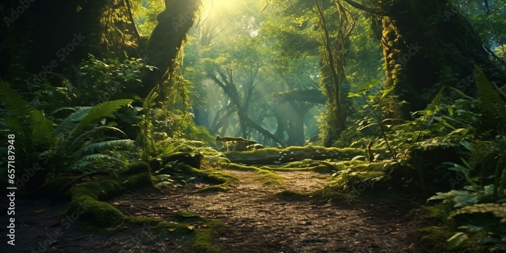enchanted path through magical forest cinematic 4k - obrazy, fototapety, plakaty 