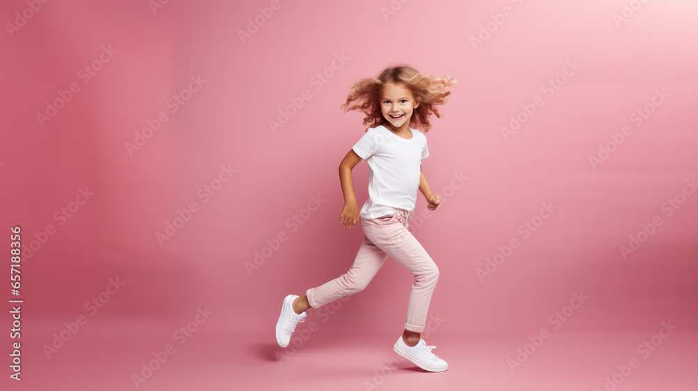 Child smiling girl 4-5 years old close-up in a white T-shirt without a pattern on the background of a pink wall, mockup for the presentation of a children's product