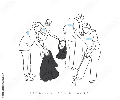 social work line art. Volunteers cleaning the streets.