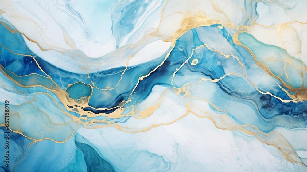 Blue and gold marble pattern background. Luxury blue aqua oil fluid painting with golden stripe