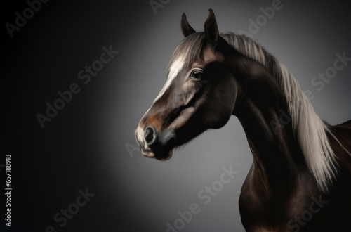 Black elegant horse isolated on a black background. Close-up portrait of a horse.