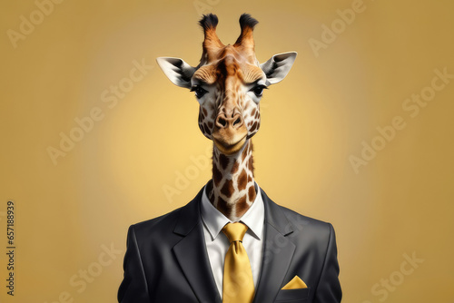 Cool Giraffe in a suit and tie. Isolated on a yellow background. Business concept. Fashionable animals. Head. Boss. Portrait. Bright colors. Copy space.