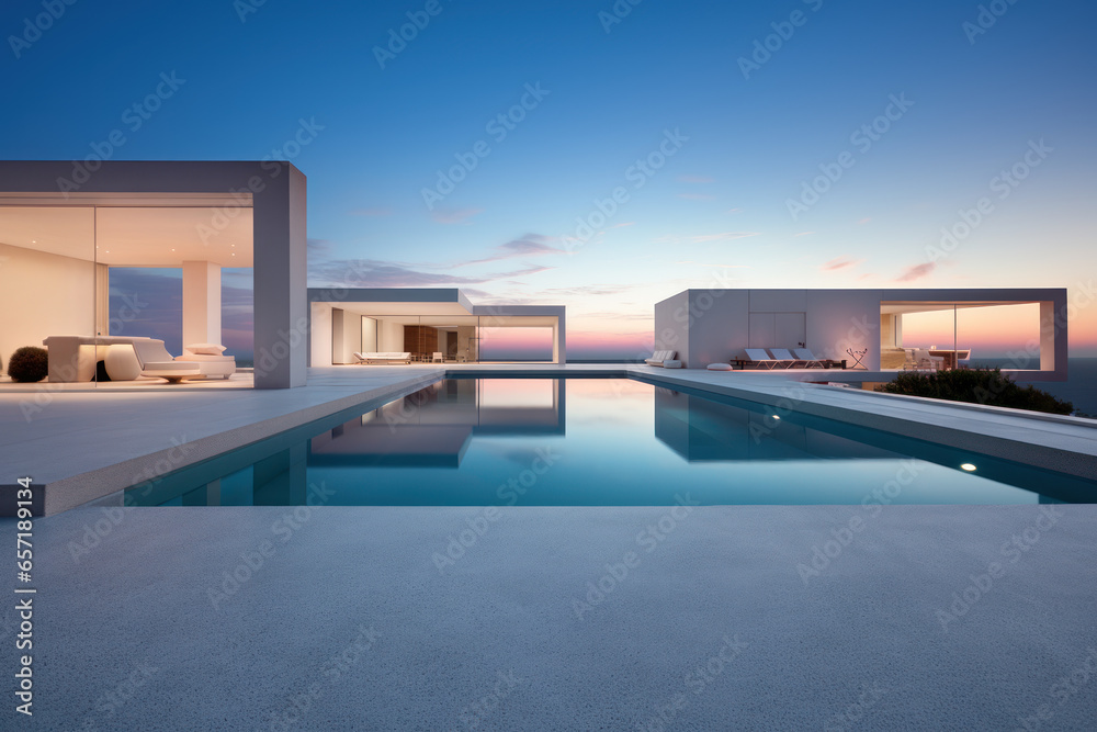 Fototapeta premium Minimalist cubic house exterior with swimming pool, modern country house, seaside holiday in modern villa, sunset view
