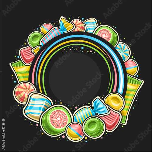 Vector frame for Candy Shop with blank copy space for text, decorative sign board with illustration of multi colored hard candies in foil package, variety bubblegums and group of cartoon chewy candies