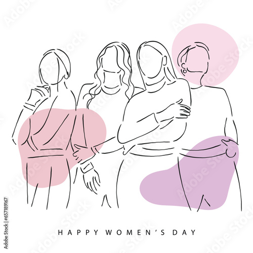 Line art vector of empowered women. Womens day art. Women from different ethnicity.