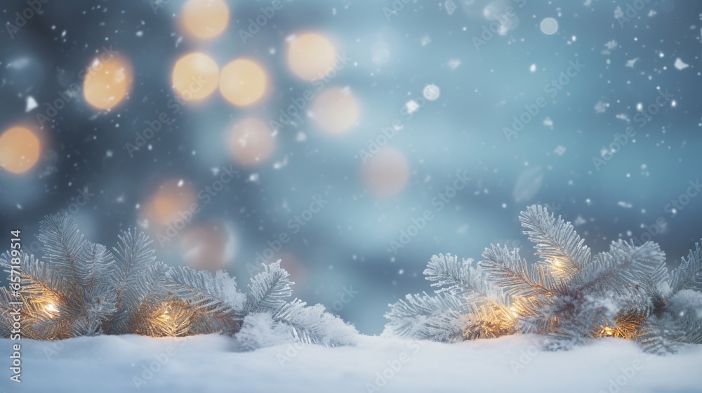 Blurred winter snow background with snow drifts, with beautiful light and snowflakes on the blue sky in the evening, banner format, copy space