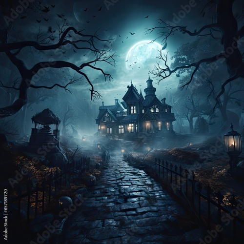 Background for Halloween, haunted mansion in the middle of a forest on a scary full moon night, decorated with Halloween pumpkins, generated by AI. photo