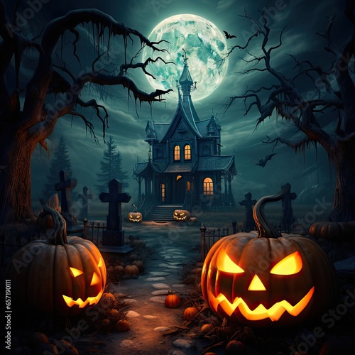 Background for Halloween, haunted mansion in the middle of a forest on a scary full moon night, decorated with Halloween pumpkins, generated by AI. photo
