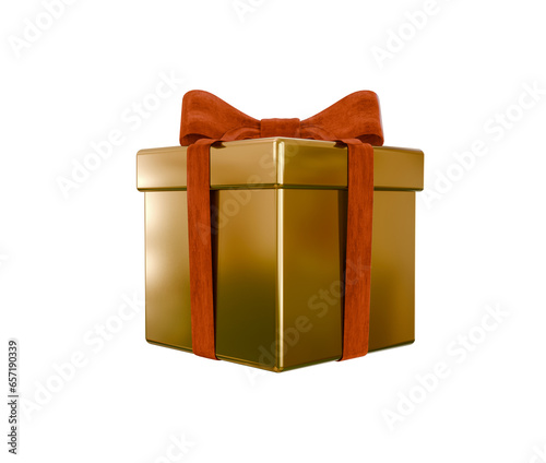 Golden package with a red velvet ribbon. 3d render