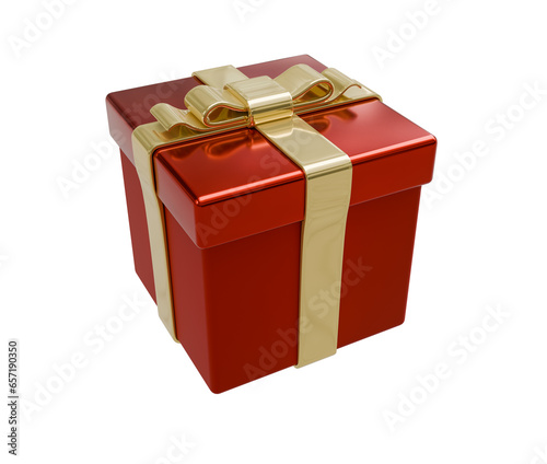 Glossy red package with a golden ribbon. Toy package, 3d render