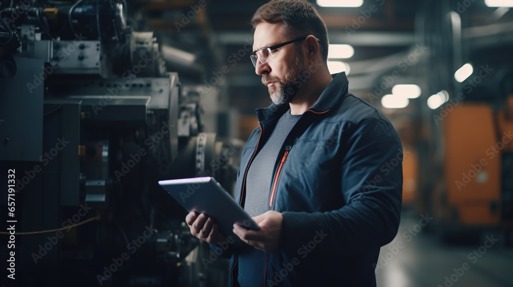 Portrait of an engineer holding a tablet near a large CNC machine working in an industrial plant. Inspection, tool control, electronic control.