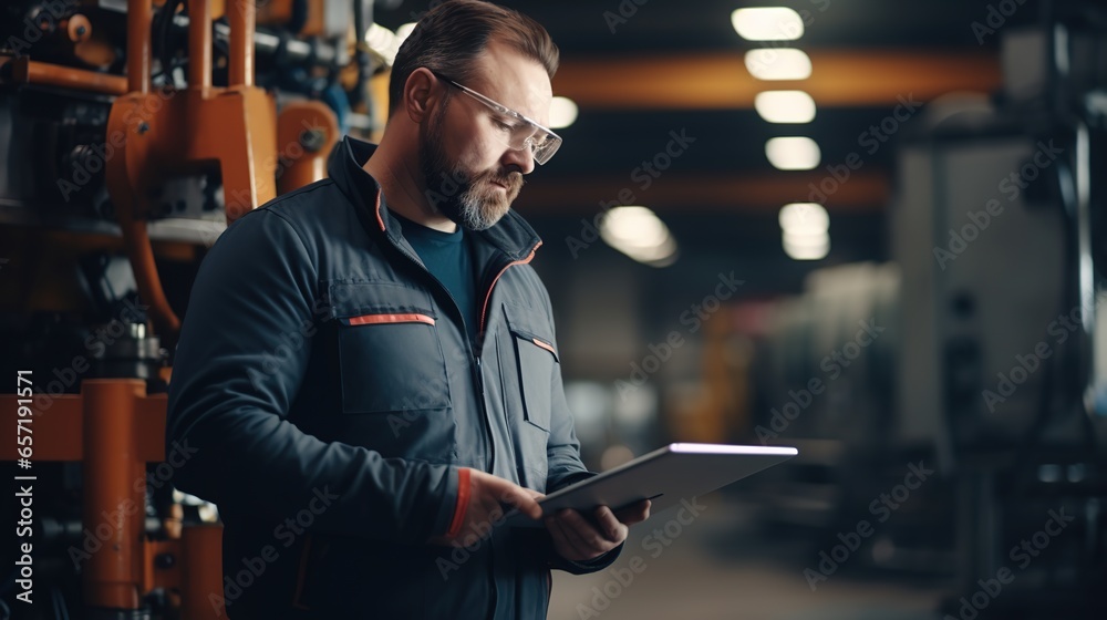 Portrait of an engineer holding a tablet near a large CNC machine working in an industrial plant. Inspection, tool control, electronic control. Portrait of an engineer holding a tablet near a large CNC machine working in an industrial plant. Inspection, tool control, electronic control.