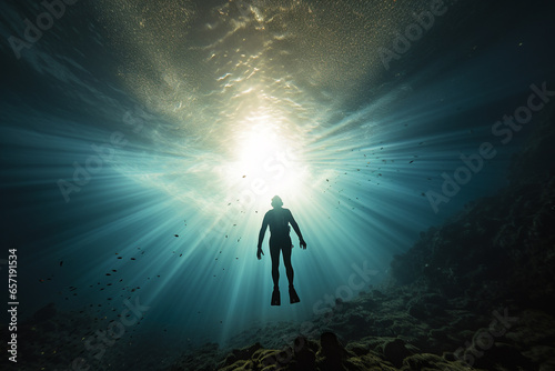 Lifestyles, sport, occupation, nature concept. Bottom scuba-diver underwater view illuminated with sunlight. Sunbeams illuminating diver black silhouette from above. Minimalist style. Generative AI © Rytis