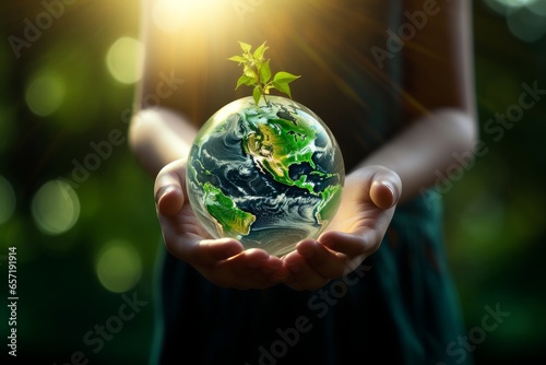 Children's hands hold a small globe of planet earth with a young plant. The concept of environmental protection, the fragility of the ecological system, ecological world.  photo