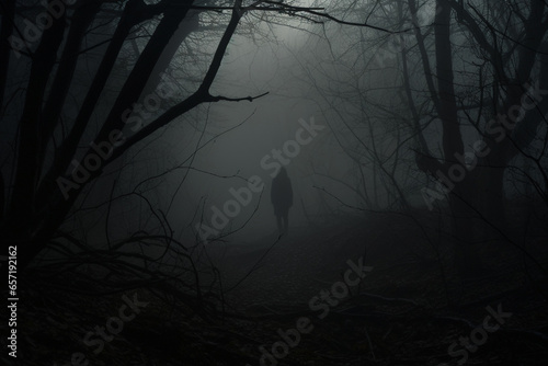 Horror, fantasy, mystery and landscape concept. Dark human or ghost silhouette standing in dark forest. Dense forest covered with mist or fog. Dark tree trunks in background. Generative AI © Rytis