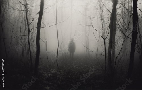 Horror  fantasy  mystery and landscape concept. Dark human or ghost silhouette standing in dark forest. Dense forest covered with mist or fog. Dark tree trunks in background. Generative AI